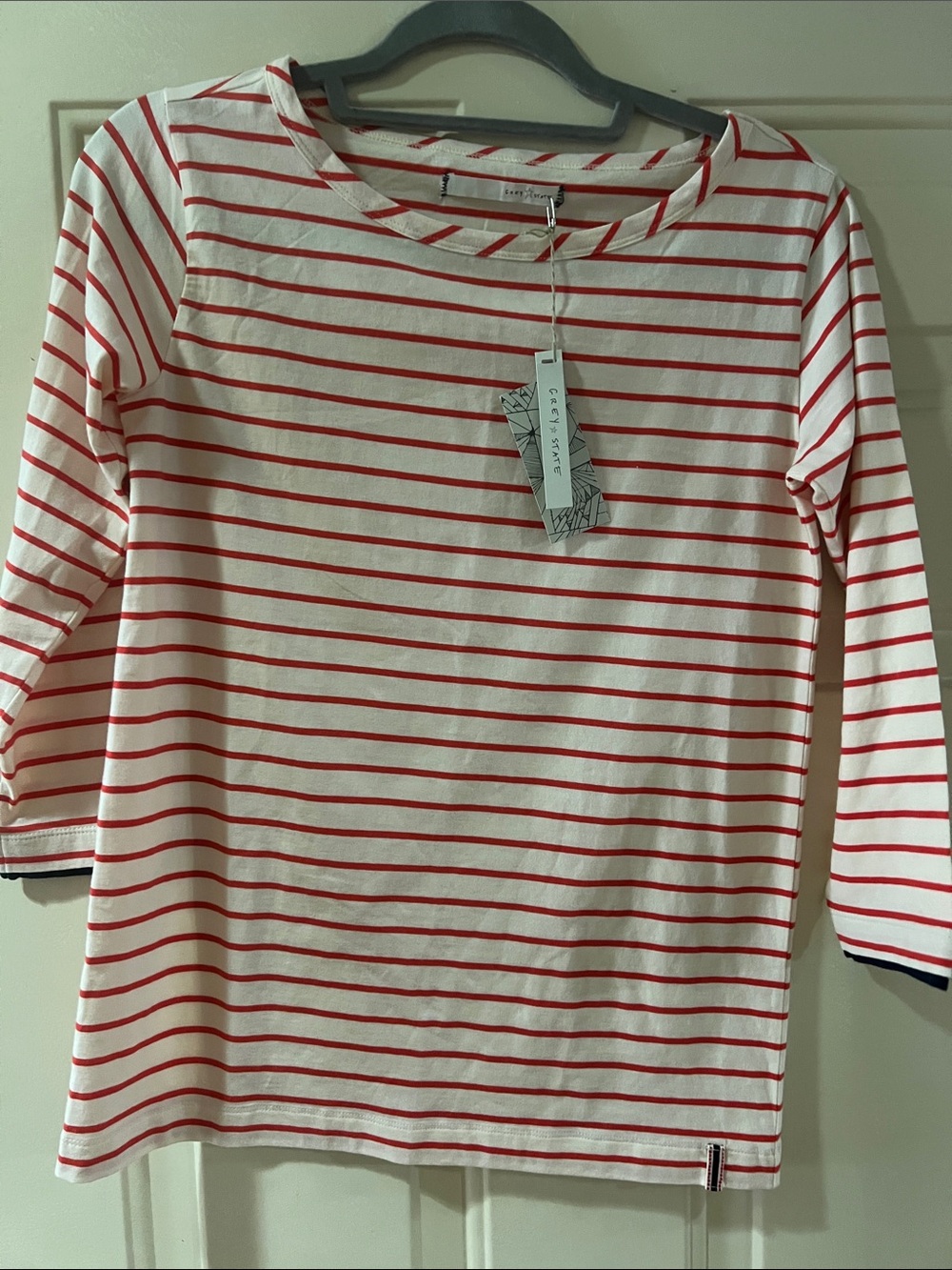 Grey State White and Red Striped Long Sleeve Boatneck Top